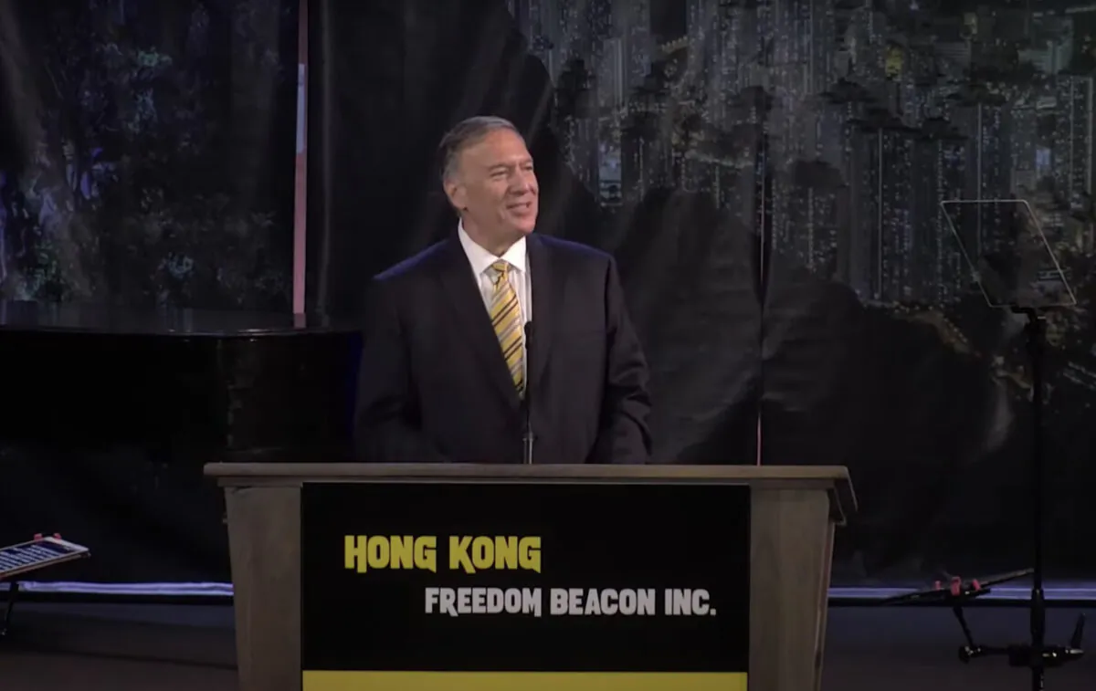 Former Secretary of State, Mike Pompeo, speaks at an event sponsored by the Hong Kong Freedom Beacon on Oct. 17, 2021 in San Jose, Calif. (Cynthia Cai/The Epoch Times)