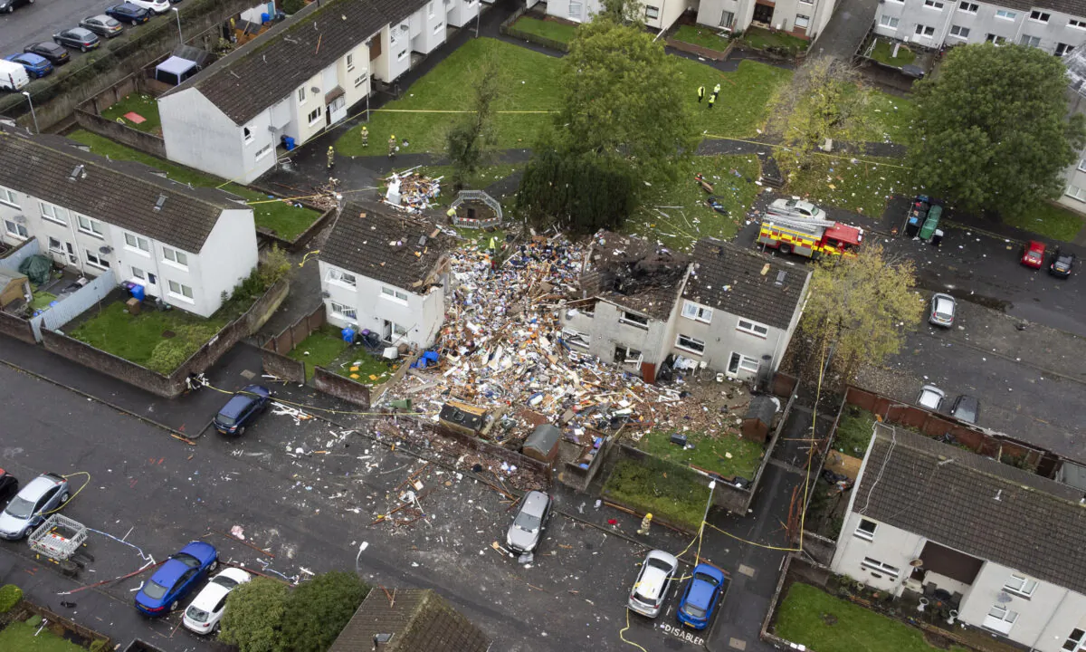 A drone image showing a residential area on the morning after an explosion in Ayr, Scotland, on Oct. 19, 2021. (Jane Barlow/PA)