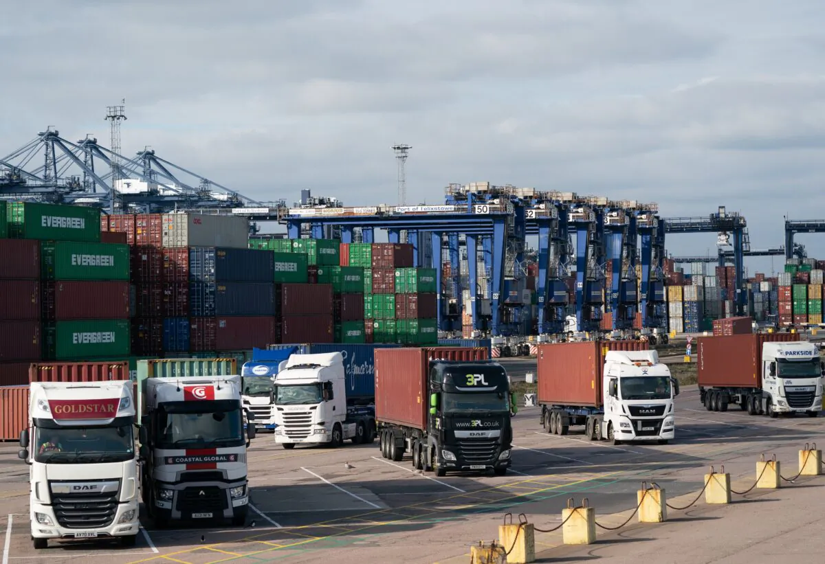 Lorries wait at the Port of Felixstowe in Suffolk, UK, on Oct. 13, 2021. (Joe Giddens/PA)