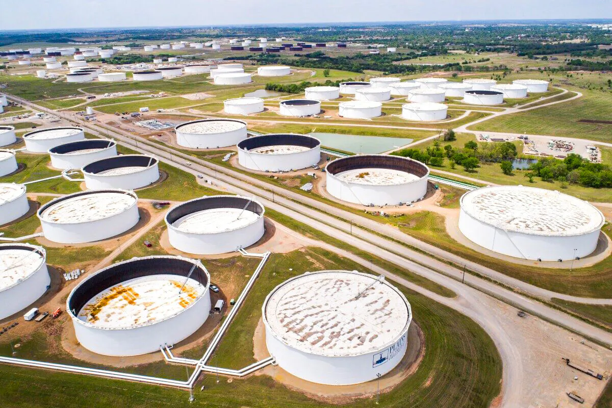 Crude oil storage tanks are seen in an aerial photograph at the Cushing oil hub in Cushing, Okla., on April 21, 2020. (Drone Base/Reuters)