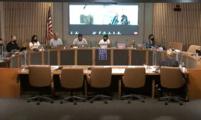 In this image from video, the San Francisco Board of Education meets on Oct. 12, 2021. (City of San Francisco via The Epoch Times)