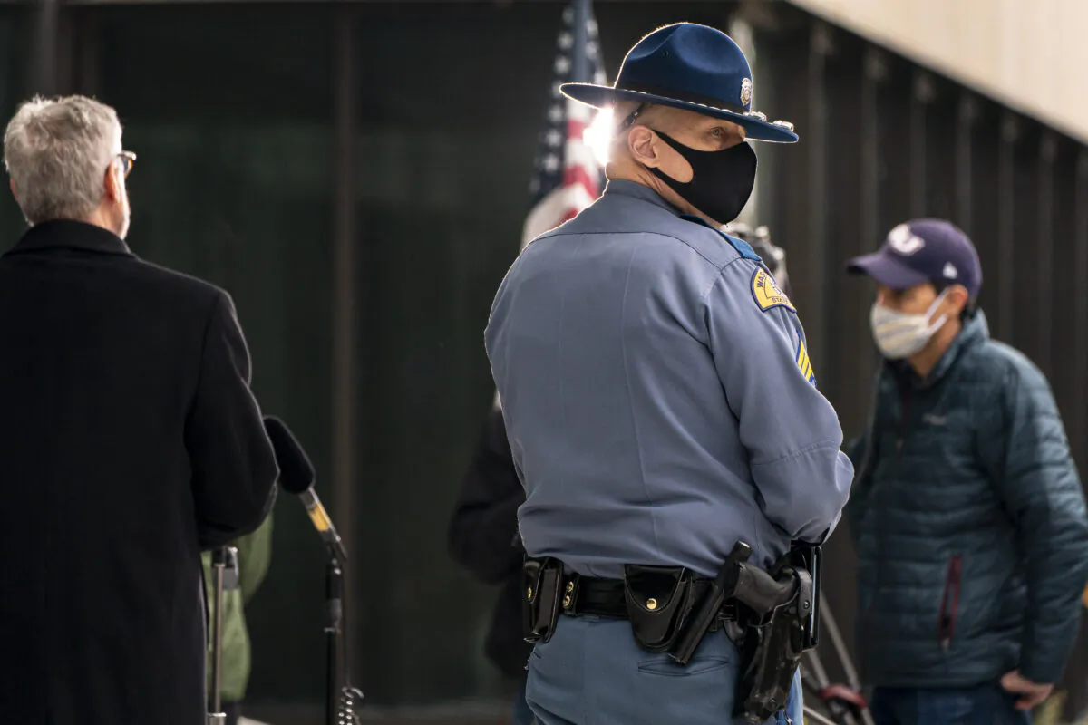 A Washington State Patrol officer is seen in Olympia, Wash., on Jan. 20, 2021. (David Ryder/Getty Images)