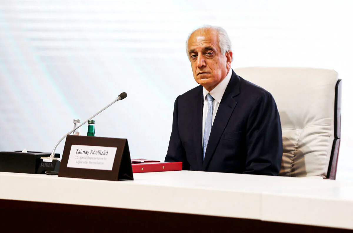 Zalmay Khalilzad, U.S. envoy for peace in Afghanistan is seen during talks between the Afghan government and Taliban insurgents in Doha, Qatar, on Sept. 12, 2020. (Ibraheem al Omari/Reuters)