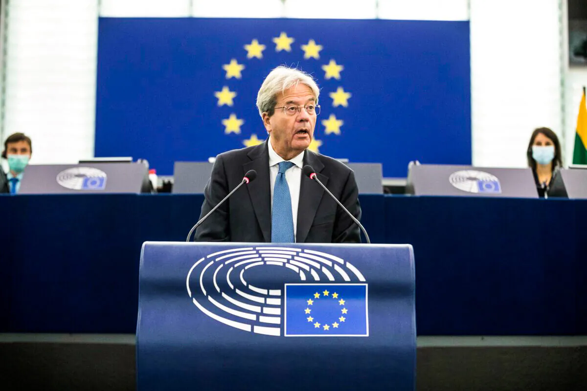European Commissioner for Economy Paolo Gentiloni delivers his speech at the European Parliament, in Strasbourg, France, on Oct. 6, 2021. (Jean-Francois Badias/Pool via Reuters)