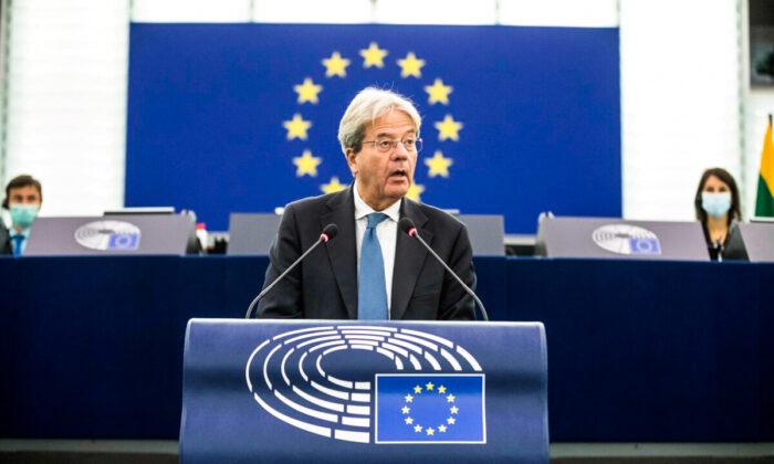 European Commissioner for Economy Paolo Gentiloni delivers his speech at the European Parliament, in Strasbourg, France, on Oct. 6, 2021. (Jean-Francois Badias/Pool via Reuters)