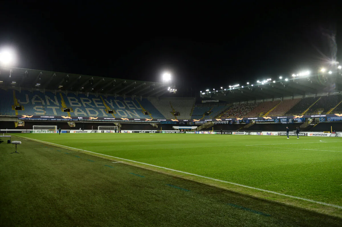 General view inside the stadium before the match between Club Brugge and Dynamo Kyiv at the Jan Breydel Stadium in Brugge, Belgium, on Feb. 25, 2021. (Johanna Geron/Reuters)
