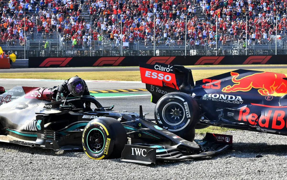 Mercedes' Lewis Hamilton after crashing out of the race with Red Bull's Max Verstappen at the Italian Grand Prix in Monza, Italy, on Sept. 12, 2021. (Jennifer Lorenzini/Reuters)