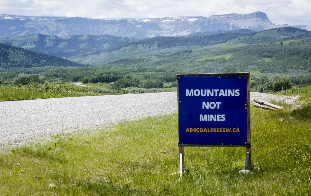 A sign opposing coal development in the eastern slopes of the Livingston range south west of Longview, Alta., June 16, 2021. (The Canadian Press/Jeff McIntosh)