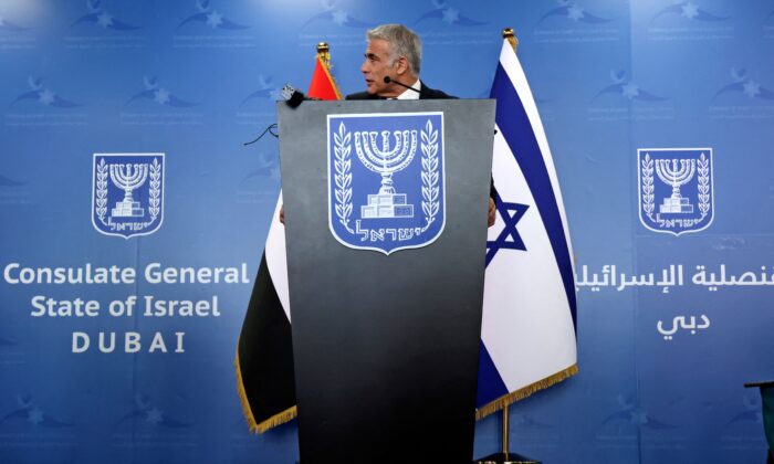 Israel's alternate Prime Minister and Foreign Minister Yair Lapid gives a press conference at the new Israeli consulate in the Gulf Emirate of Dubai, on June 30, 2021, following the signing of the Abraham Accord or the first normalization of relations between Israel and an Arab nation. (Karim Sahib/AFP via Getty Images)
