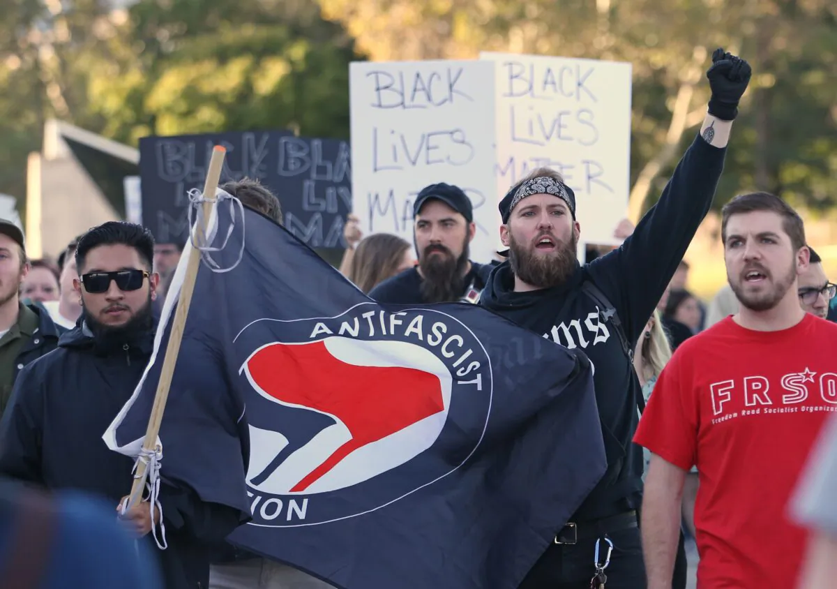Antifa extremists protest at the University of Utah campus against an event where right wing writer and commentator Ben Shapiro is speaking in Salt Lake City on Sept. 27, 2017. (George Frey/Getty Images)
