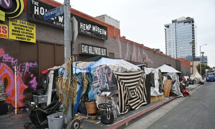 Tents of homeless people line a street in Hollywood, Calif., on Sept. 1, 2021. (Robyn Beck/AFP via Getty Images)
