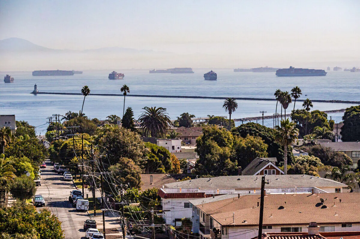 Ships await to enter the ports of Los Angeles and Long Beach on Oct. 14, 2021. (John Fredricks/The Epoch Times)