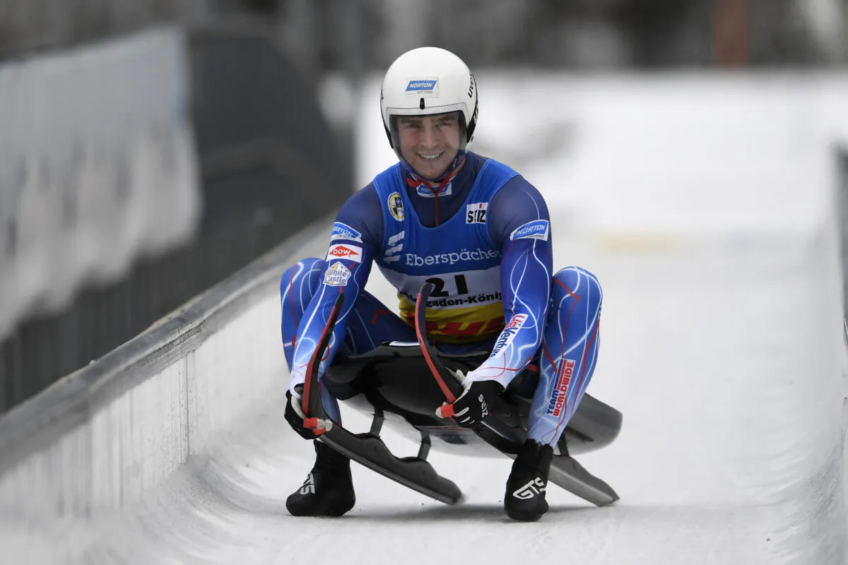 Tucker West of USA finishes his 2nd run in the Men's Singles during Day 2 of the 50th FIL Luge World Championships 2021 at LOTTO Bayern Eisarena Koenigssee in Koenigssee, Germany, on Jan. 30, 2021. (Daniel Kopatsch/Getty Images)