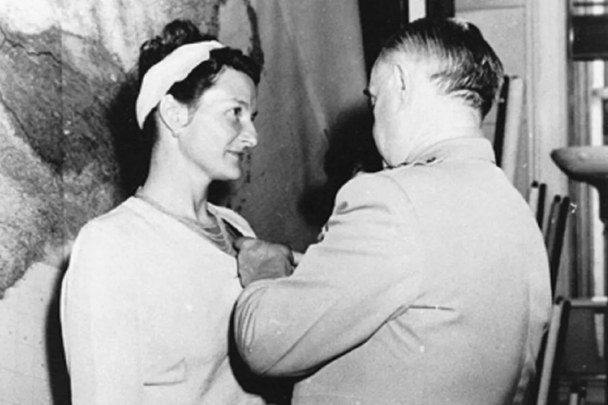 Virginia Hall of Special Operations Branch receiving the Distinguished Service Cross from Gen. Donovan in September 1945. CIA Official Website. (Public Domain)