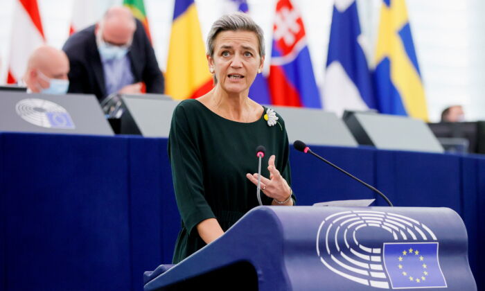 European Commission's executive Vice President Margrethe Vestager delivers a speech during a debate on EU-Taiwan political relations and cooperation at the European Parliament in Strasbourg, France, on Oct. 19, 2021. (Ronald Wittek/Pool via Reuters)