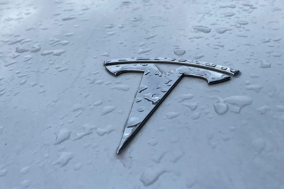 Raindrops are seen next to the Tesla logo on the bonnet of a Tesla electric car in Berlin's Kreuzberg district on March 15, 2021. (David Gannon/AFP via Getty Images)