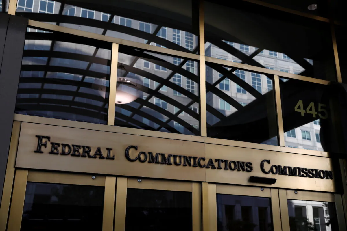 Signage is seen at the headquarters of the Federal Communications Commission in Washington on Aug. 29, 2020. (Andrew Kelly/Reuters)