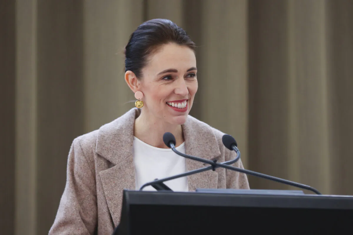 Jacinda Ardern, prime minister of New Zealand, speaks to media during a press conference at Parliament in Wellington, New Zealand, on Oct. 21, 2021. (Hagen Hopkins/Getty Images)