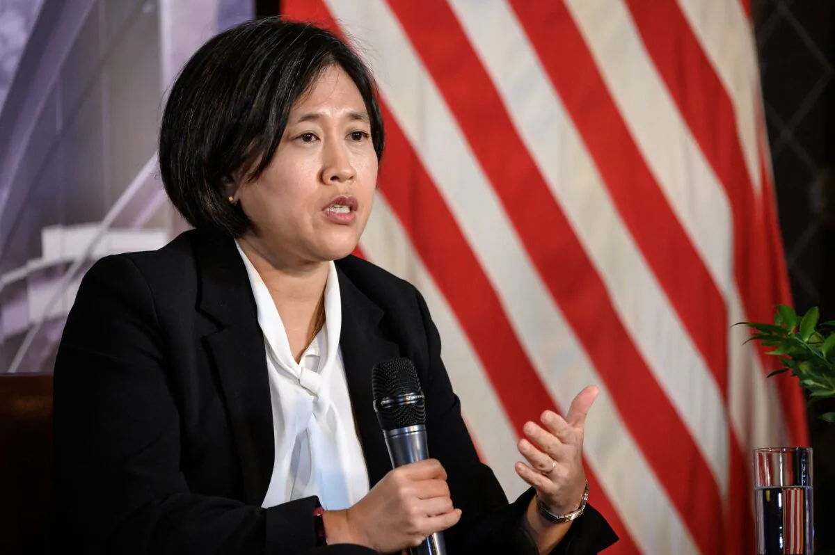 Trade Representative Katherine Tai attends a keynote address and conversation hosted by the Graduate Institute's Geneva Trade Platform about the World Trade Organizations important role in the global economy during her visit in Geneva, Switzerland on Oct. 14, 2021. (Fabrice Coffrini/AFP via Getty Images)