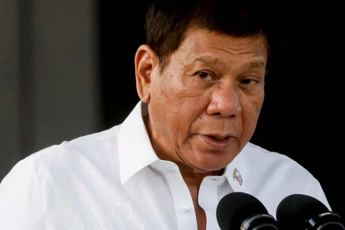 Philippine President Rodrigo Duterte speaks at Villamor Air Base in Pasay, Metro Manila, Philippines, on Feb. 28, 2021. (Eloisa Lopez/Reuters)