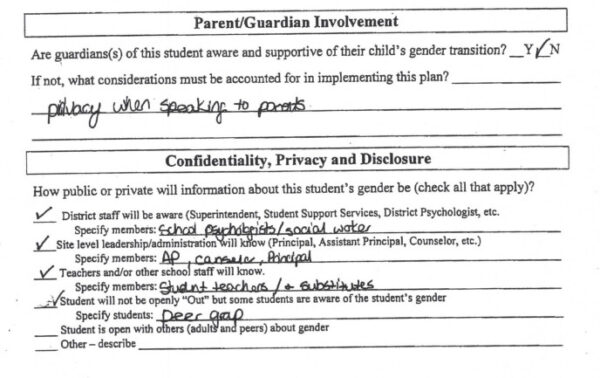 Except from the Leon County School District’s transgender gender nonconforming student support plan, filled out a a secret meeting, directing staff to keep all guidance regarding their 13-year-old daughter's new "non-binary" status secret "when speaking to parents."