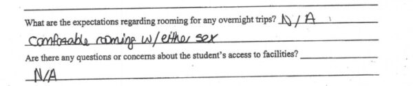 Excerpt from the Leon County School District’s transgender gender nonconforming student support plan, filled out a a secret meeting, directing staff to keep all guidance regarding their 13-year-old daughter's new non-binary status and her position of being "comfortable rooming w/either sex" on overnight school trips. 