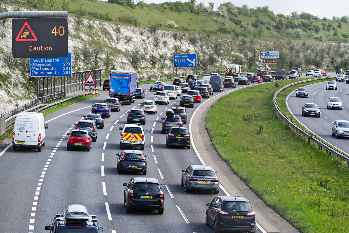 Traffic builds up on the M3 southbound heading towards the coast, at Winchester, in Hampshire, UK, on May 28, 2021. (Steve Parsons/PA)