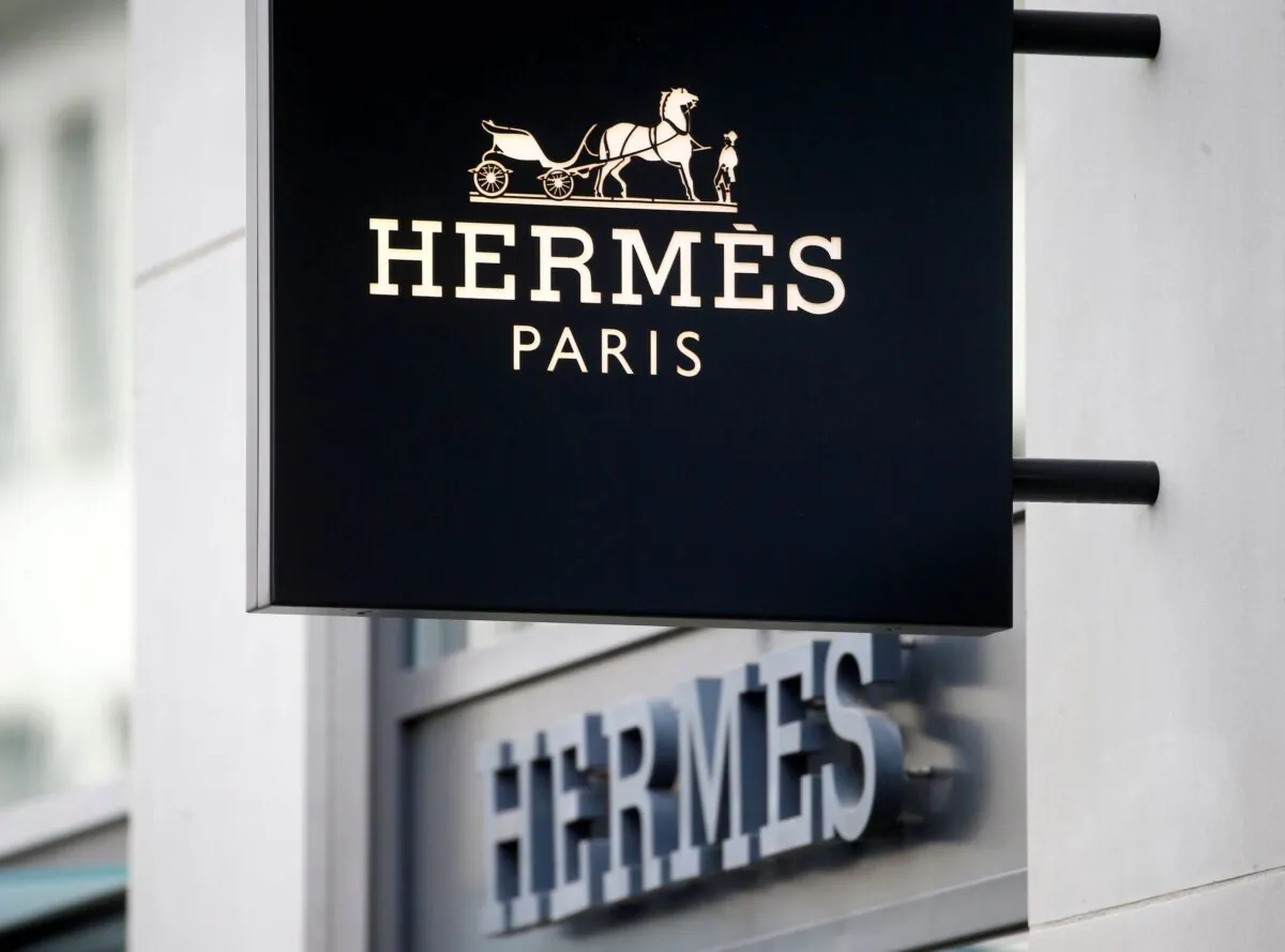 The logo of French luxury group Hermes is seen at a store, as the spread of the coronavirus disease continues, in Zurich, Switzerland on Feb. 17, 2021. (Arnd Wiegmann/Reuters)