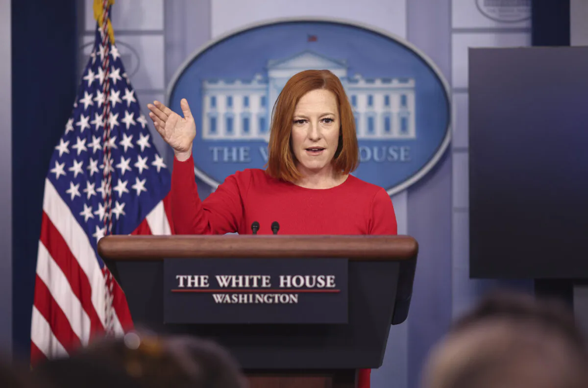 White House Press Secretary Jen Psaki speaks during a press briefing at the White House in Washington, on Oct. 19, 2021. (Kevin Dietsch/Getty Images)