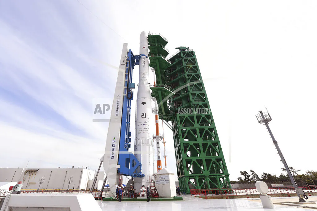 The Nuri rocket, South Korea's first domestically produced space rocket, sits on its launch pad at the Naro Space Center in Goheung, South Korea, on Oct. 20, 2021. (Korea Aerospace Research Institute/Yonhap via AP)