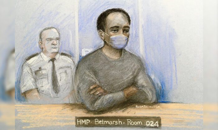 Court creator  sketch by Elizabeth Cook of Ali Harbi Ali appearing astatine  the Old Bailey successful  London by video nexus  from HMP Belmarsh, a situation  successful  London, connected  Oct. 22, 2021. (Elizabeth Cook/PA)
