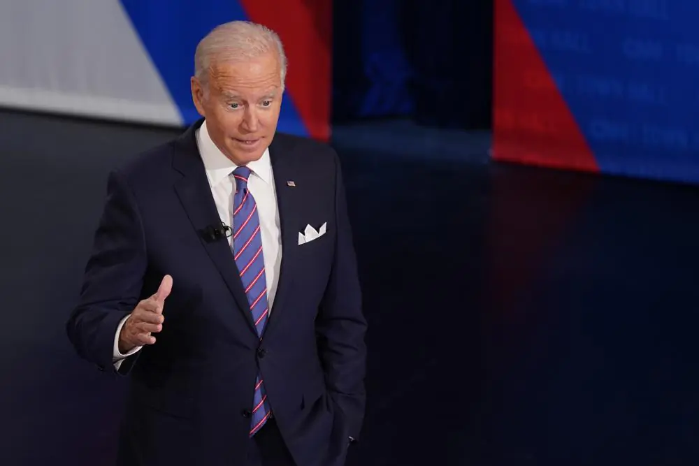 President Joe Biden participates in a CNN town hall at the Baltimore Center Stage Pearlstone Theater in Baltimore, Md., on Oct. 21, 2021. (Evan Vucci/AP Photo)