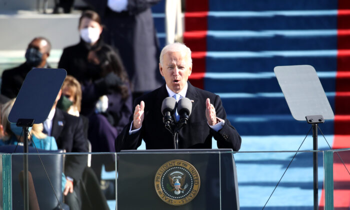 	President Joe Biden delivers his inaugural address on the West Front of the U.S. Capitol in Washington on Jan. 20, 2021. (Rob Carr/Getty Images)