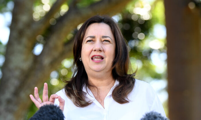 Queensland Premier Annastacia Palaszczuk gestures as she speaks during a press conference in Brisbane, Australia, on Oct.3, 2021. (Dan Peled/Getty Images)