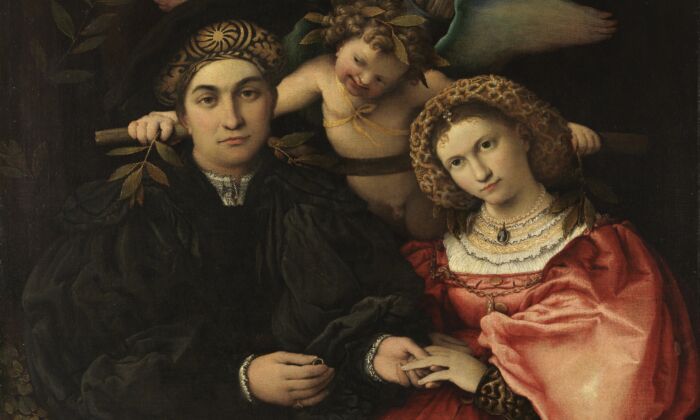 Detail of the painting,"Marsilio Cassotti and His Wife Faustina," 1523, by Lorenzo Lotto. Oil on canvas; 28 inches by 33 1/8 inches. Prado Museum, Madrid, Spain. (Prado Museum)