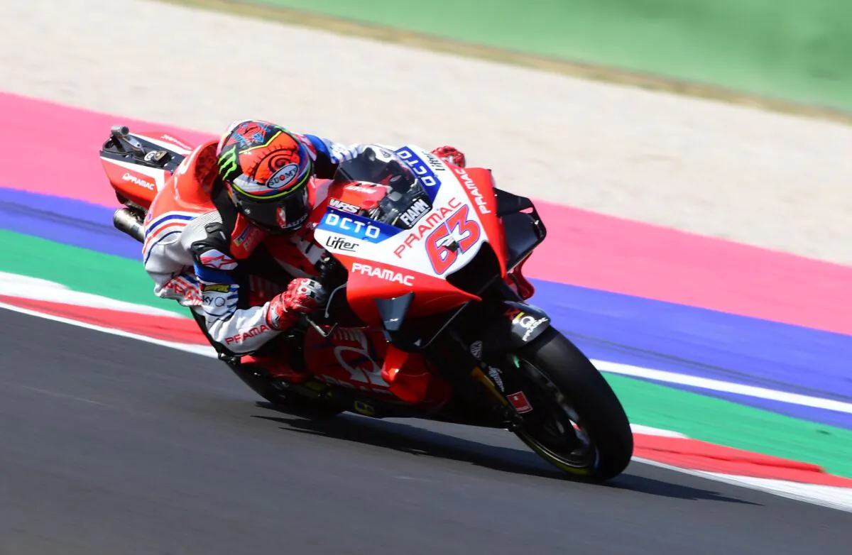 Alma Pramac Racing's Francesco Bagnaia in action during the race at the MotoGP of Emilia Romagna in Misano, Italy, on Sept. 20, 2020. (Jennifer Lorenzini/Reuters)