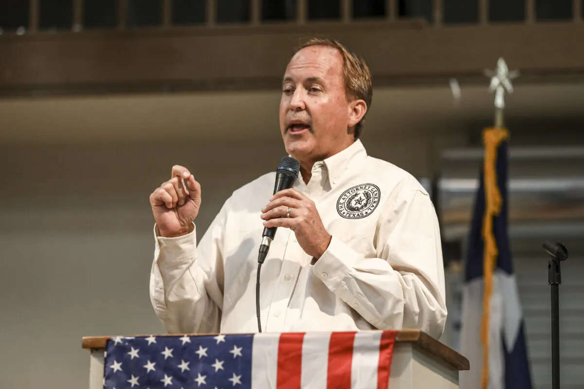 Texas Attorney General Ken Paxton speaks at a border town hall in Brackettville, Texas, on Oct. 11, 2021. (Charlotte Cuthbertson/The Epoch Times)