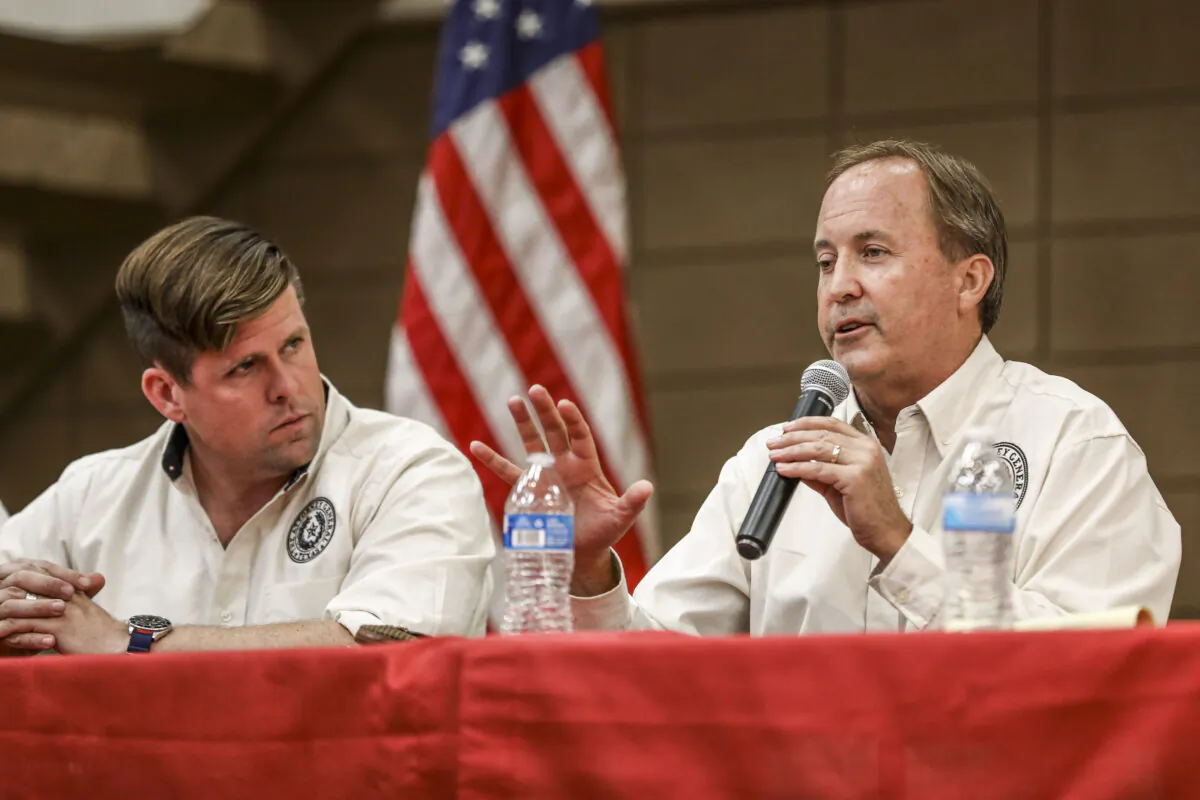 Texas Attorney General Ken Paxton and his staff at a border town hall in Brackettville, Texas, on Oct. 11, 2021. (Charlotte Cuthbertson/The Epoch Times)