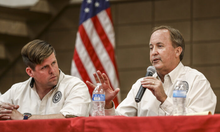 Texas Attorney General Ken Paxton and his staff at a border town hall in Brackettville, Texas, on Oct. 11, 2021. (Charlotte Cuthbertson/The Epoch Times)