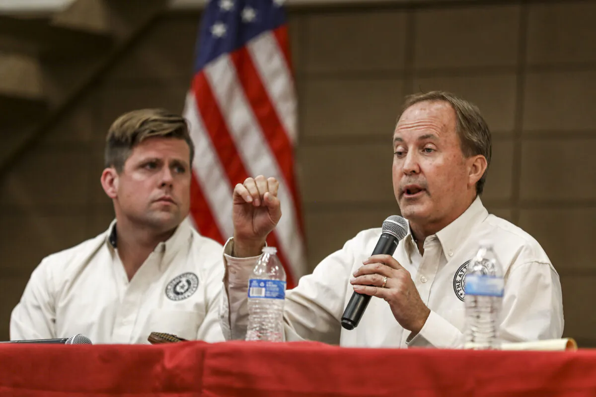 Texas Attorney General Ken Paxton and his staff at a border town hall in Brackettville, Texas, on Oct. 11, 2021. (Charlotte Cuthbertson/The Epoch Times)