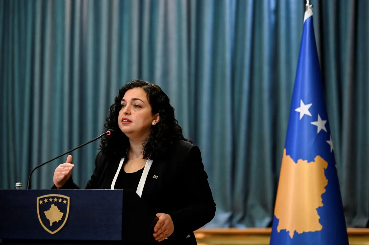 Kosovo's acting President Vjosa Osmani speaks during a press conference in Pristina on March 2, 2021. (ARMEND NIMANI/AFP via Getty Images)