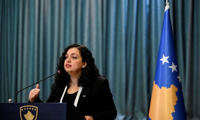 Kosovo's acting President Vjosa Osmani speaks during a property   league  successful  Pristina connected  March 2, 2021. (ARMEND NIMANI/AFP via Getty Images)