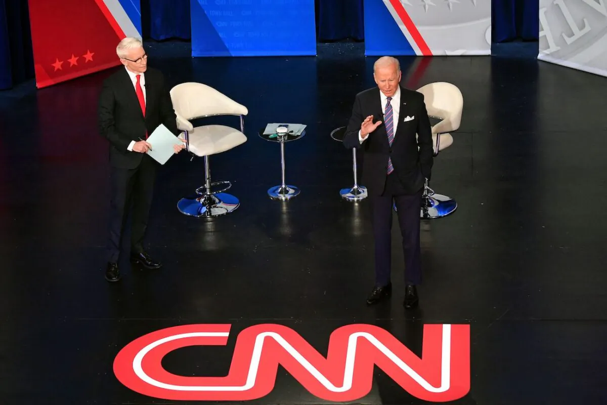 President Joe Biden participates in a CNN town hall hosted by anchor Anderson Cooper at Baltimore Center Stage in Baltimore, Maryland, on Oct. 21, 2021. (Nicholas Kamm/AFP via Getty Images)