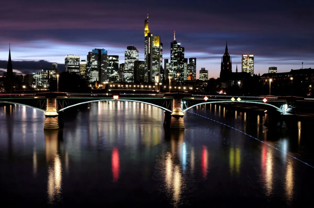 The skyline with its financial district is photographed during sunset as the spread of the coronavirus disease (COVID-19) continues in Frankfurt, Germany on Oct. 26, 2020. (Kai Pfaffenbach/Reuters)