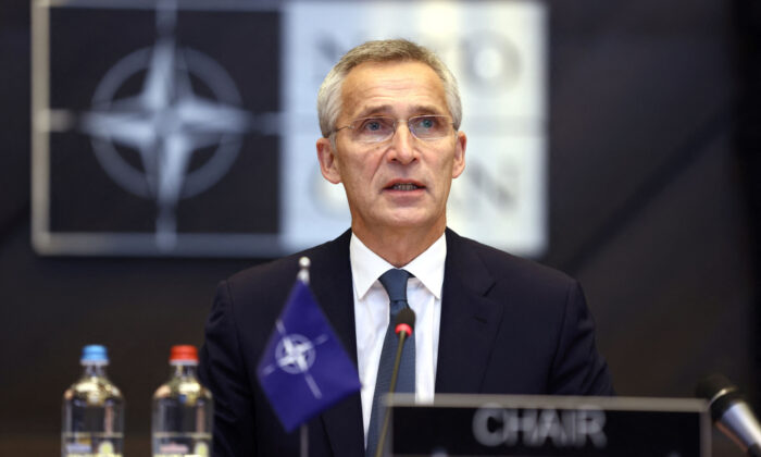 NATO Secretary General, Jens Stoltenberg attends at the start of the round table during the Meeting of NATO Ministers of Defence in Brussels, on Oct. 21, 2021. (Kenzo Tribouillard/AFP via Getty Images)