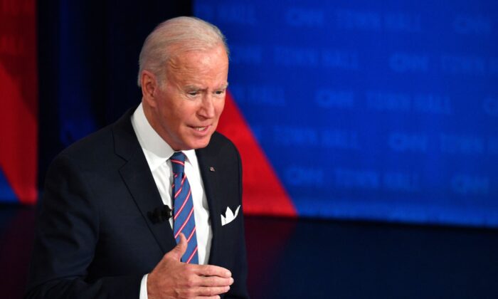 President Joe Biden participates in a town hall at Baltimore Center Stage in Baltimore, Md., on Oct. 21, 2021. (Nicholas Kamm/AFP via Getty Images)