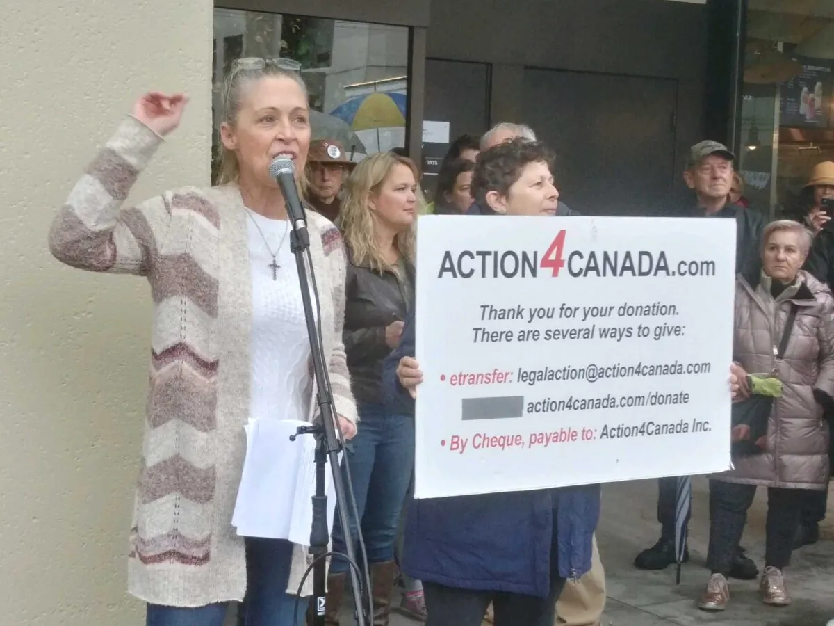 Action4Canada founder Tanya Gaw speaks during a rally organized by longshore workers outside Transport Canada’s offices in downtown Vancouver on Oct. 22, 2021. (Jeff Sandes/The Epoch Times)