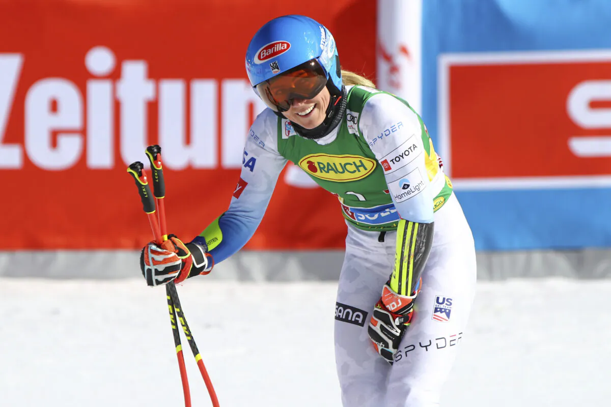 United States' Mikaela Shiffrin smiles at the finish line during an alpine ski, women's World Cup giant slalom, in Soelden, Austria, on Oct. 23, 2021. (Marco Trovati/AP Photo)