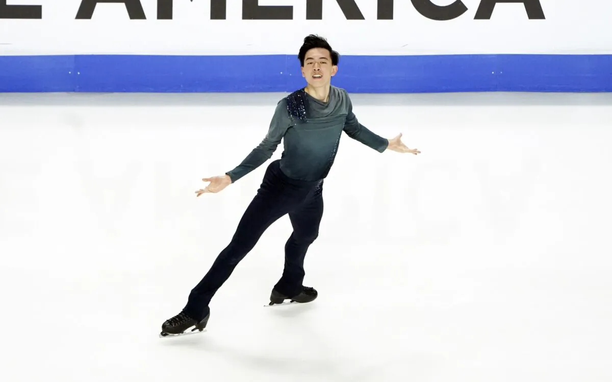 Vincent Zhou (USA) competes in the men's short program during the 2021 Skate America figure skating competition at Orleans Arena, in Las Vegas, Nev., on  Oct .22, 2021 (John David Mercer/USA TODAY Sports via Reuters)