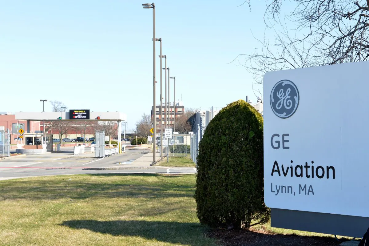 The entrance to the General Electric Aviation in Lynn, Mass., on March 31, 2020. (Joseph Prezioso/AFP via Getty Images)